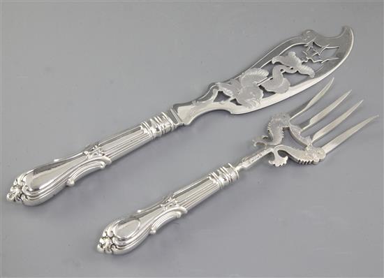 A pair of early Victorian silver fish servers, by Samuel Harwood, Knife 344mm.